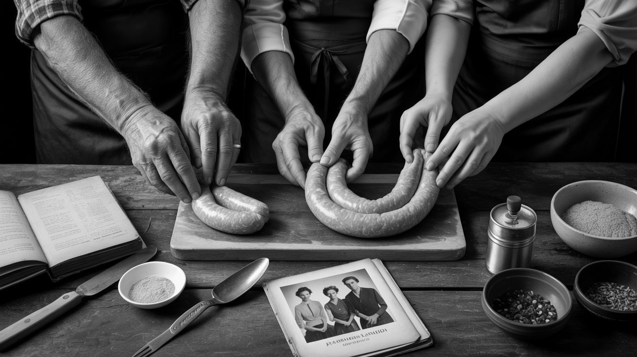 Hands crafting sausage the traditional way — a multi-generational family tradition since 1930
